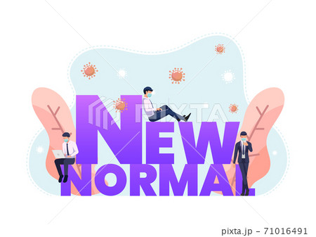 Businessman Wearing Face Mask and Working Around New Normal Text 71016491