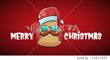 vector rock star santa potato funny cartoon cute character with with red santa hat and calligraphic merry christmas text isolated on red horizontal background. rock n roll christmas party banner 71017035