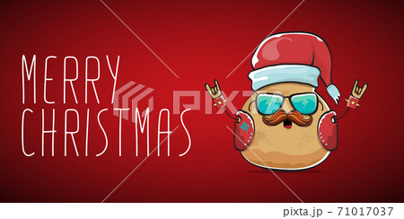 vector rock star santa potato funny cartoon cute character with with red santa hat and calligraphic merry christmas text isolated on red horizontal background. rock n roll christmas party banner 71017037