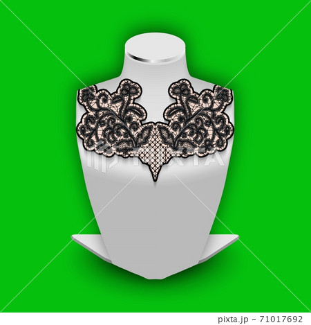 Stand dummy with demonstration lace flower element. Black tracery pattern on realistic white mannequin Stand dummy with demonstration lace flower element. Black tracery pattern on realistic white mannequin 71017692