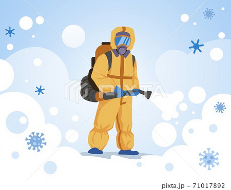 Decontamination. Doctor wearing special overall, respirator and goggles with sanitize equipment. Medical worker in protective suit sprays disinfectant. Vector biohazard illustration 71017892