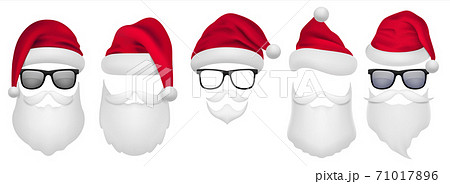 Santa Claus beard. Christmas template, Xmas grandfather masks. Red hats, glasses and white facial hair and mustaches. Photo redactor or camera filter mockup, vector web sticker set 71017896