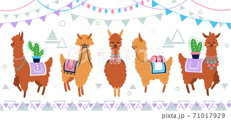 Cute llama set. Cartoon funny alpaca characters with cactus, flags and mountains collection. Hand drawn design template for kids birthday cards and accessories, flat vector characters 71017929