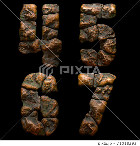 Set of rocky numbers 4, 5, 6, 7 Font of stone on black background. 3d Set of rocky numbers 4, 5, 6, 7 Font of stone on black background. 3d 71018293