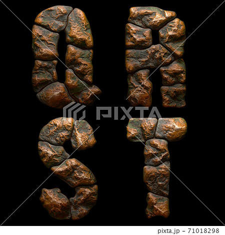 Set of rocky letters Q, R, S, T. Font of stone on black background. 3d Set of rocky letters Q, R, S, T. Font of stone on black background. 3d 71018298