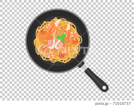 フライパンで調理する蟹のパスタのイラスト フライパンで調理する蟹のパスタのイラスト 71018737