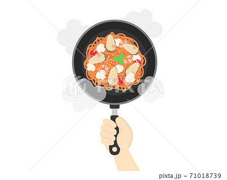 フライパンで調理する牡蠣のパスタのイラスト 71018739