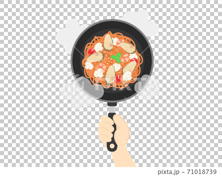 フライパンで調理する牡蠣のパスタのイラスト 71018739