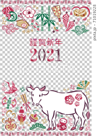 2021年新年賀卡牛和幸運符的插圖 71019228