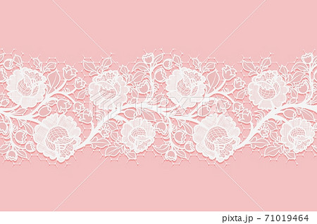 Lace horizontal seamless openwork roses. White lacy mesh on a pink background. Lace horizontal seamless openwork roses. White lacy mesh on a pink background. 71019464