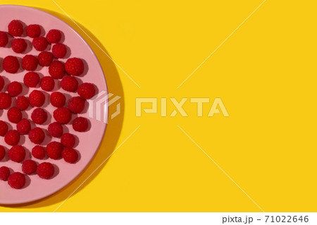 Bright ripe juicy raspberries on a pastel pink plate on a bright yellow background. Bright ripe juicy raspberries on a pastel pink plate on a bright yellow background. 71022646