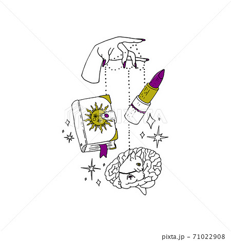 Boho spiritual hand drawn black ink line art. Woman hand with purple nails is holding grimoire book, lipstick and a brain with a cat figure on strings. Boho spiritual hand drawn black ink line art. Woman hand with purple nails is holding grimoire book, lipstick and a brain with a cat figure on strings. 71022908