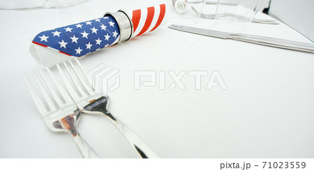 Served table with American topic decorated by American flag napkin 71023559