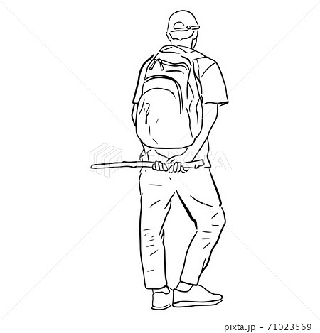 Outline Sketch Of Boy With Stick Back Viewのイラスト素材