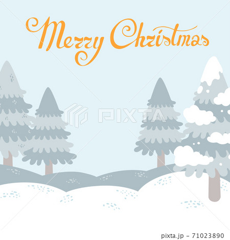 Merry christmas postcard with winter landscape and lettering Merry christmas postcard with winter landscape and lettering 71023890