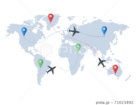 Airplane routes on the world map. Airplane track. Flight path of the aircraft with a dashed line. 71023892
