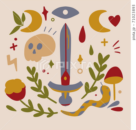 Childish pattern with sword, skull, snake and heart Childish pattern with sword, skull, snake and heart 71023893