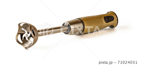 Immersion hand blender with bronze handle lies on its side isolated on white background 71024031