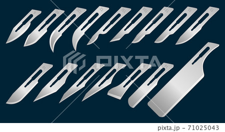 Set of removable blades for scalpel handle No. 3. Steel surgical blades of different shapes. Vector 71025043