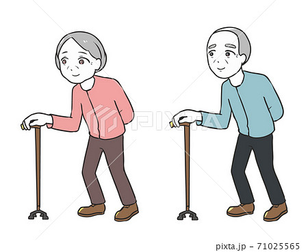 杖をついて歩く高齢者 四点支持のイラスト素材