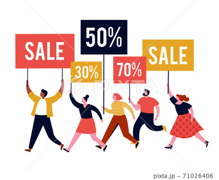 Black friday, mega sale banner, scene with a crowd, women and men running with shopping bags. Sale 71026406