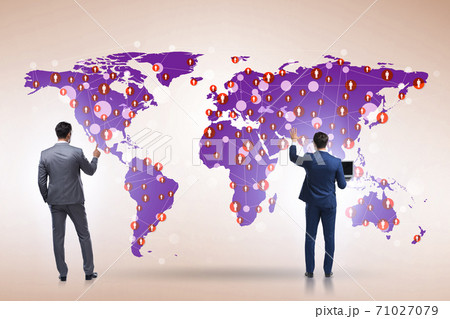 Man pressing virtual button on social network concept 71027079