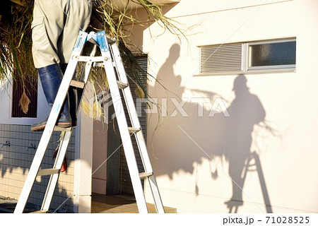 奄美大島　高倉と茅の葺き替えの様子 71028525