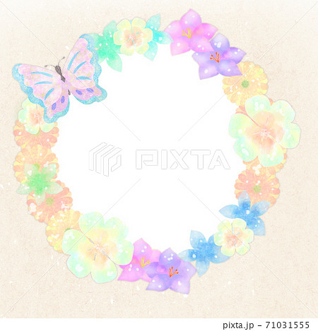 正方形 蝶とカラフルな花の丸フレーム背景のイラスト素材