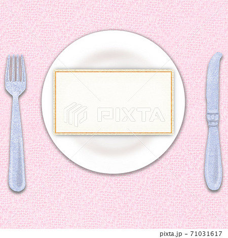 正方形 お皿とカトラリー ピンクのランチョンマット背景のイラスト素材