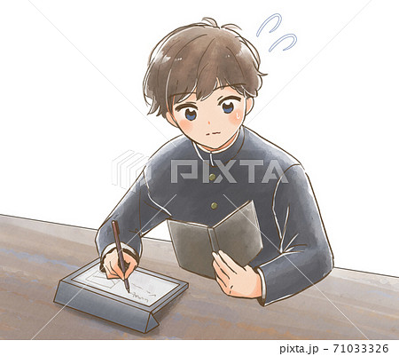 手描き風・焦りながらタブレットで猛勉強する学ラン男子生徒のイラスト 71033326