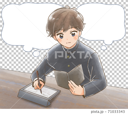 學習在有手繪風格和不安的外觀的平板電腦上的男學生的插圖 71033343