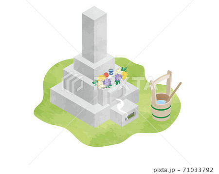 お線香が焚かれお供えされているお墓（日本のお墓参り） 71033792