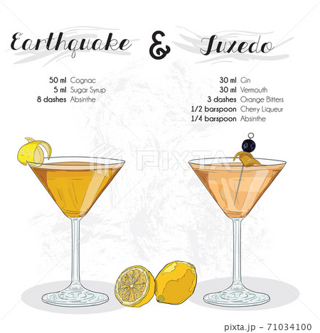 Hand Drawn Colorful Earthquake and Tuxedo Cocktail Drink Ingredients Recipe. 71034100
