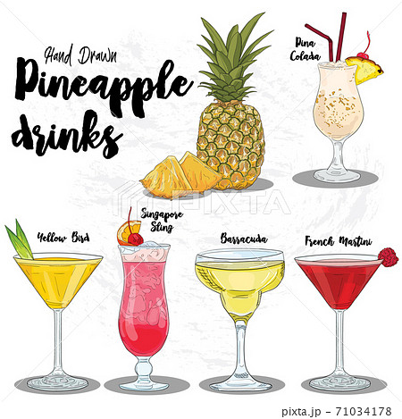 Hand Drawn Colorful Pineapple Drinks Set Pina Colada Yellow Bird Singapore Sling Barracuda and French Martini. 71034178