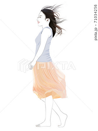 髪とスカートが風になびく若い女性のイラスト素材