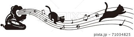 蓄音機と五線譜の上を走る猫のシルエットイラストのイラスト素材