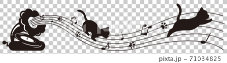蓄音機と五線譜の上を走る猫のシルエットイラストのイラスト素材