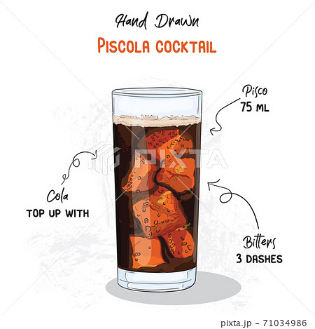 Hand Drawn Colorful Piscola Summer Cocktail Drink Ingredients Handwritten Recipe. 71034986