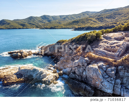 Drone aerial view of Ancient Stageira, city in Halkidiki, Greece 71036817