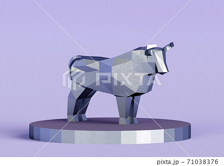 figurine of a simplified polygonal metal bull on a stand, a symbol of the new year 2021, 3d render 71038376