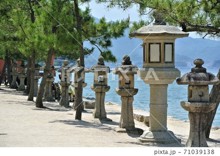 Stone lanterns at Itsukushima Shrine, Hiroshima, Japan. 71039138
