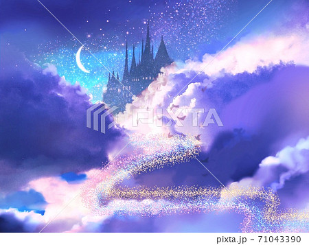 宇宙の中の御伽話の様なお城と月と星空の風景背景イラストのイラスト素材