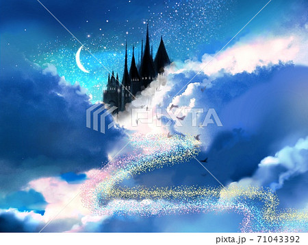 宇宙の中の御伽話の様なお城と月と星空の背景 宇宙の中の御伽話の様なお城と月と星空の背景 71043392