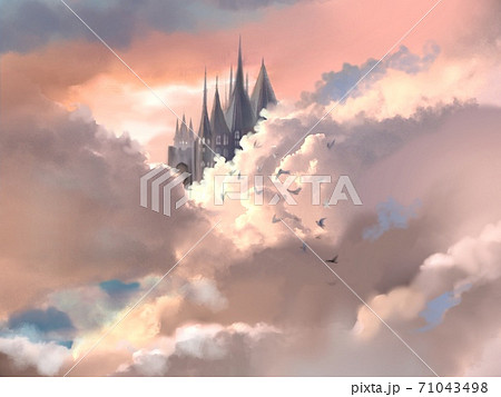 宇宙の中の西洋のお城と月と星空と雲の背景のイラスト素材