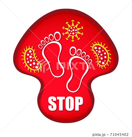 Stop foot nail fungus infection sign. Red mushroom with footprints and fungal bacteria in it. Skin diseases of legs, dermal treatment. Flat vector 71045402