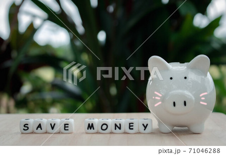 Dice the word "SAVE MONEY" and piggy bank money save coins.   Block of alphabet studded on wooden background. money investment concept. Savings. Copy space.. 71046288