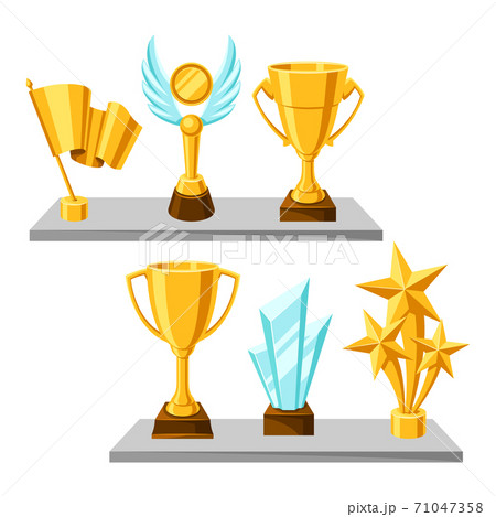 Awards and trophy on shelves. 71047358
