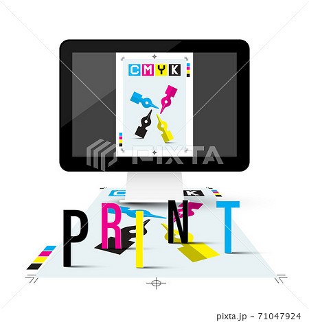 Print Concept with DTP Computer and CMYK Symbol on Screen 71047924