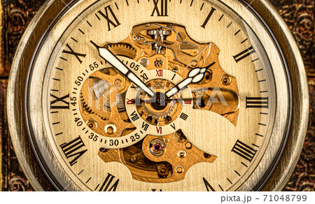 Antique clock dial close-up. Vintage pocket watch. 71048799