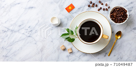 Coffee with Vietnamese flag on marble table. Copy space. Top view. 71049487